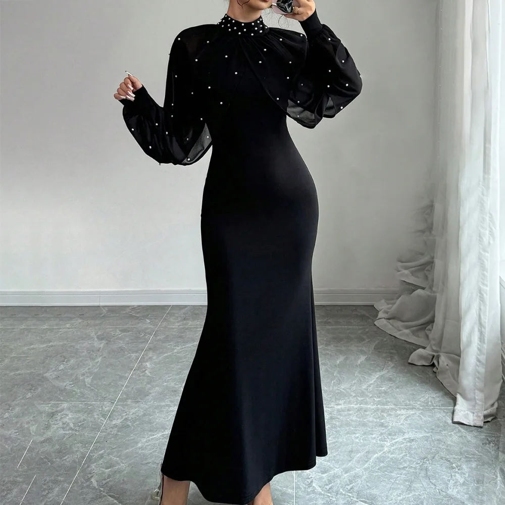 Langes Kleid für Damen, Partykleid mit Stehkragen, Perlen- und Netzstoff-Patchwork, Stretch-Maxikleid, A-Linie, Frühling 2026