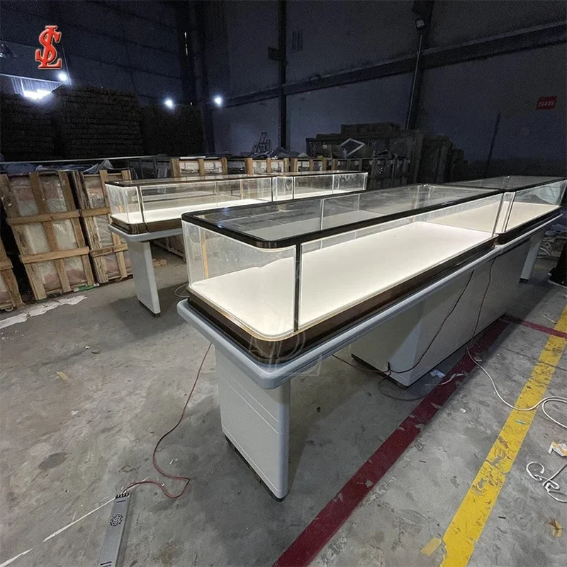 custom.Luxury Jewelry Island Showcase Curved Glass Display Counter LED Lighting Customizable Color Boutique Retail Shopf