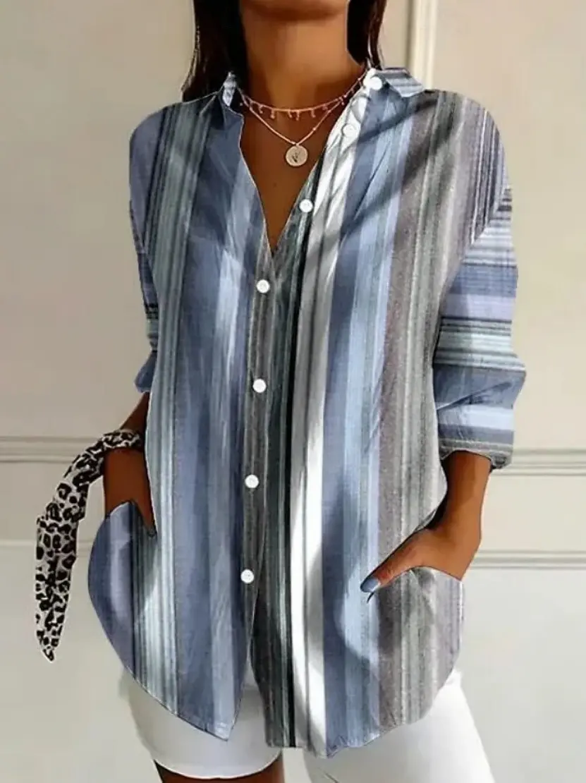 Women's Spring Summer 3D Printed Collar Button Down Blouse, Olive Green White Geometric Line Art Print Casual Daily Shirt