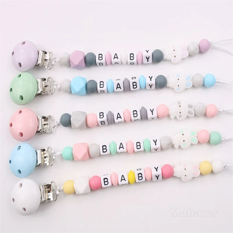 Personalized Name Pacifier Clip Small Rabbit Gum Teether Silicone Bead Animal Shape Customized Baby Name Pacifier Chain Gift Toy