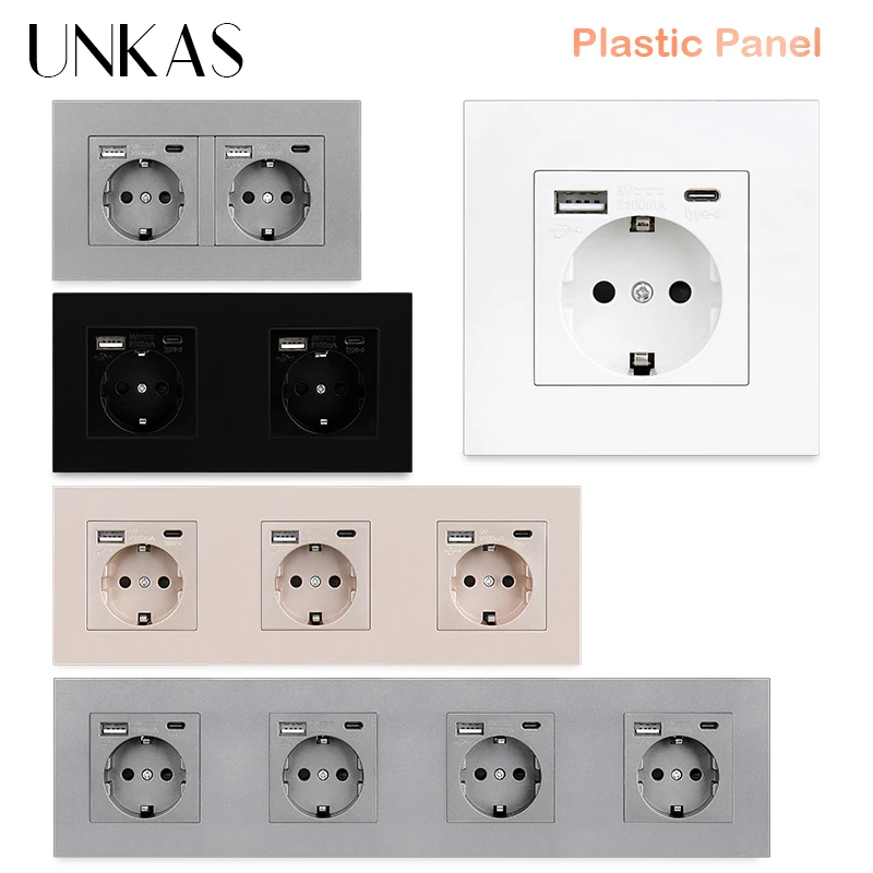 UNKAS Gold Type-C USB Port White  EU Socket Gray Plastic 16A 146mm*86mm 344mm Outlet Black Grey PC Panel 258mm