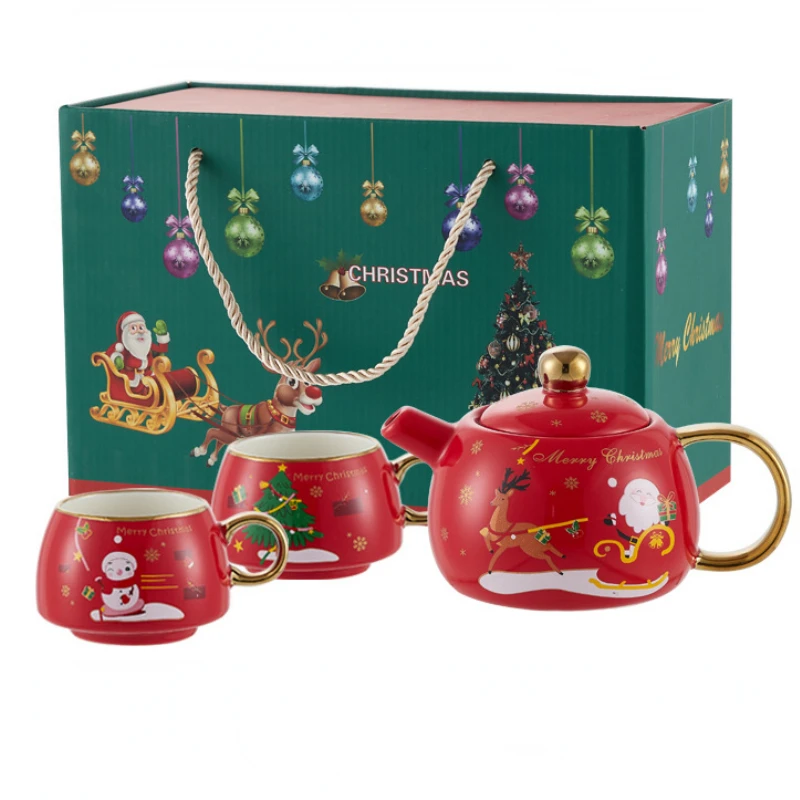 Christmas Coffee Pot Cup and Saucer Set Cute Cartoon Couple Water Mug with Gift Box Personalized Drinkware Xtmas Gift