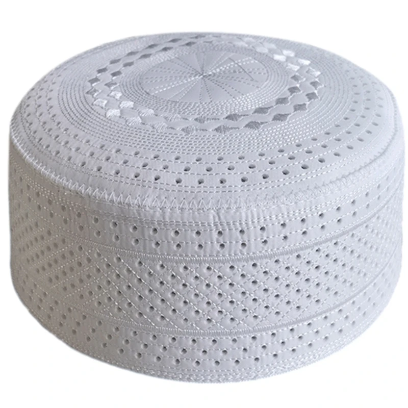 

Men Ethnic Islamic Prayer Bonnet Hat Breathable Hole Embroidery White Kufi