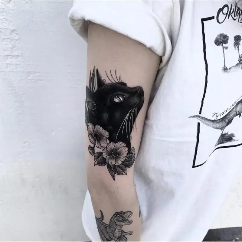 

Cute Black Cat Flower Cartoon Temporary Tattoo Tatto Arm Body Art Waterproof Realistic Transfer Fake Tatoo Sticker for Woman Men