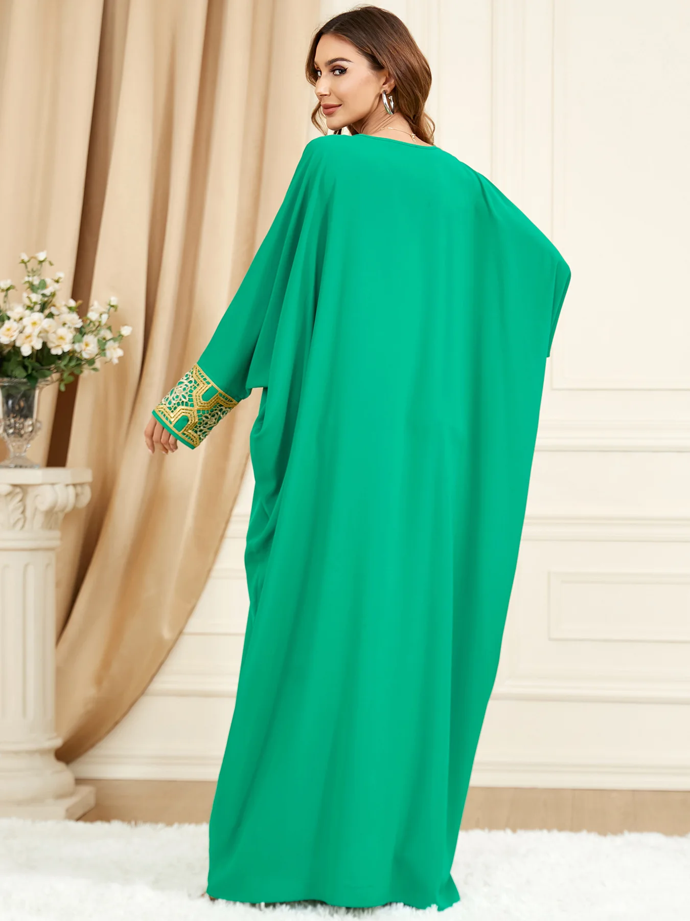 Solid O-Neck Muslim Dresses Women Spring Summer Batwing Sleeve Loose Casual Long Dress Comfortable Elegant Female Clothes