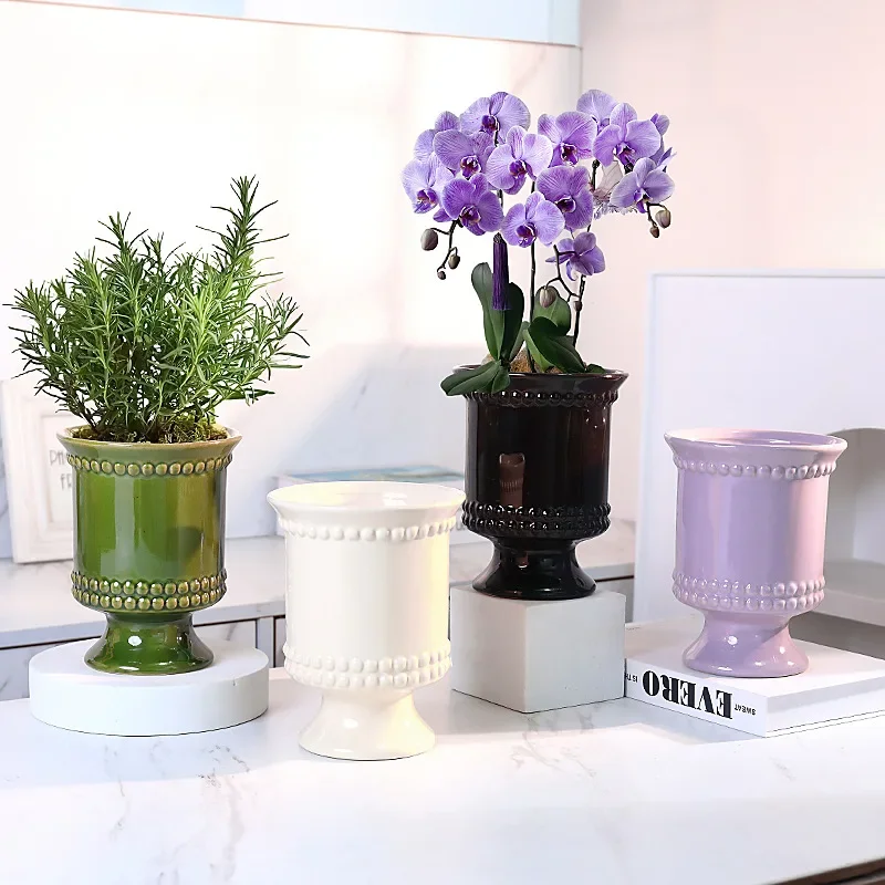 French High Leg Ceramic Flower Pot with Hole Green Desktop Home Decor Orchid Living Room Vase