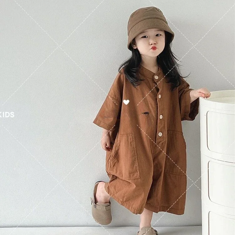 Korean Childrens Clothing 2024 Summer New Childrens Fashionable Solid Color Loose Jumpsuit Dress Trend Kids Clothes