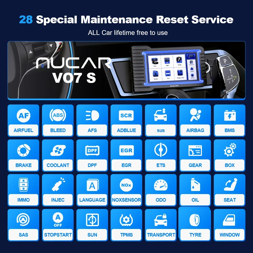 Mucar vo7s ferramenta de diagnóstico do carro obd2 scanner ecu codificação 28 redefinir teste ativo 32g sistema completo ferramentas diagnóstico do scanner do carro