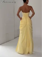 Elegant Strapless Pleated Dress Yellow Women Chic Sleeveless Waist Cinching Split Maxi Gowns Lady Evening Party Vestidos 2026