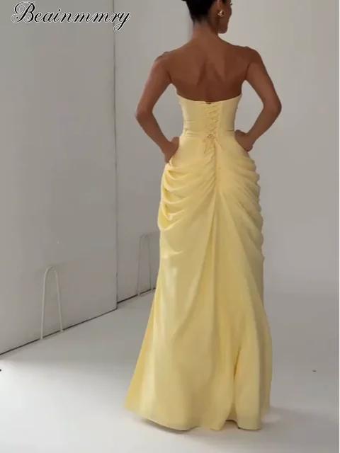 Elegant Strapless Pleated Dress Yellow Women Chic Sleeveless Waist Cinching Split Maxi Gowns Lady Evening Party Vestidos 2026