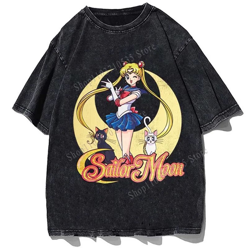 Anime Sailor-Moon Graphic Printed Tshirt Summer Short Sleeve Loose Oversized T-shirt Vintage Cotton Men Casual Streetwear Tees