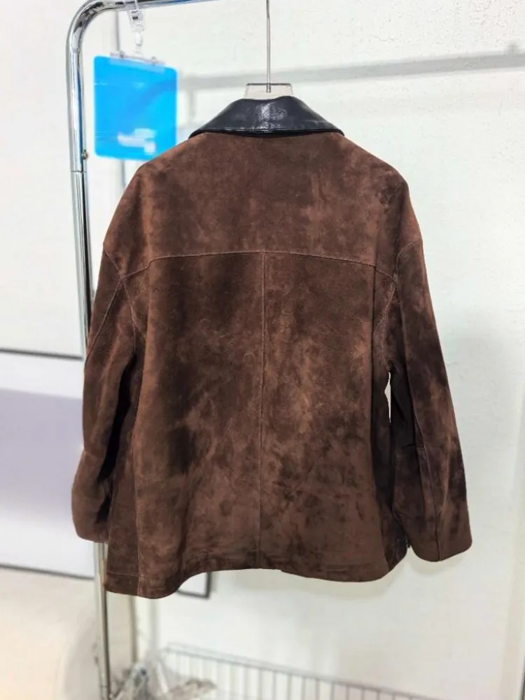 New Designer Women Zipper Sheepskin Loose Sreal Suede Leather Ladies Jacket Sleeve With Shoulder Outerwear Fashion Autumn Winter