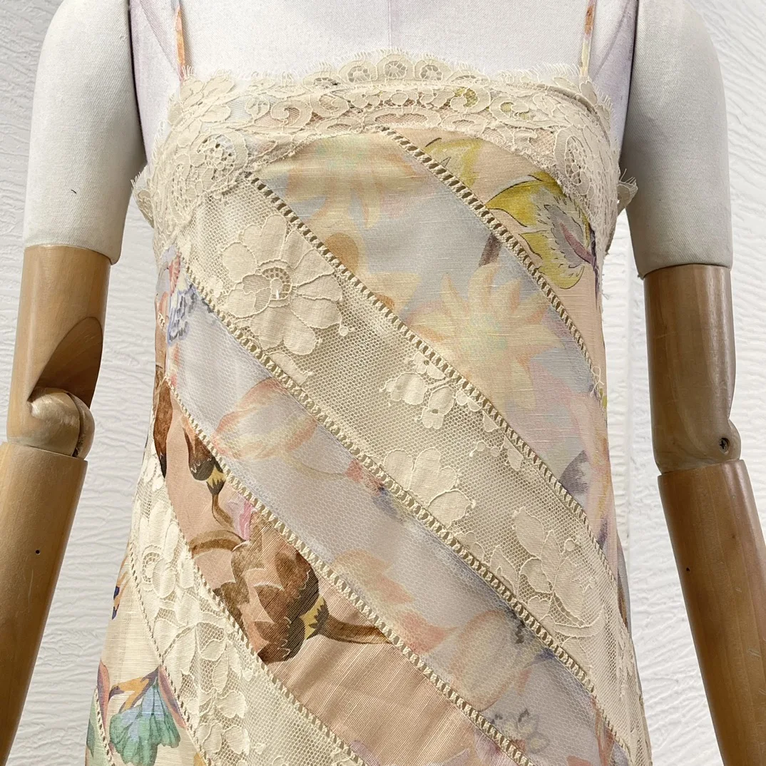 فستان ميدي بطباعة الأزهار بلون صور عصرية جديدة لعام 2025 بدون أكمام وظهر مكشوف وحاشية غير منتظمة