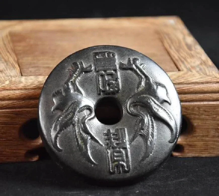 Hongshan Culture Archaize Black Iron Meteorite Sculpture Shuangfengbi Statue