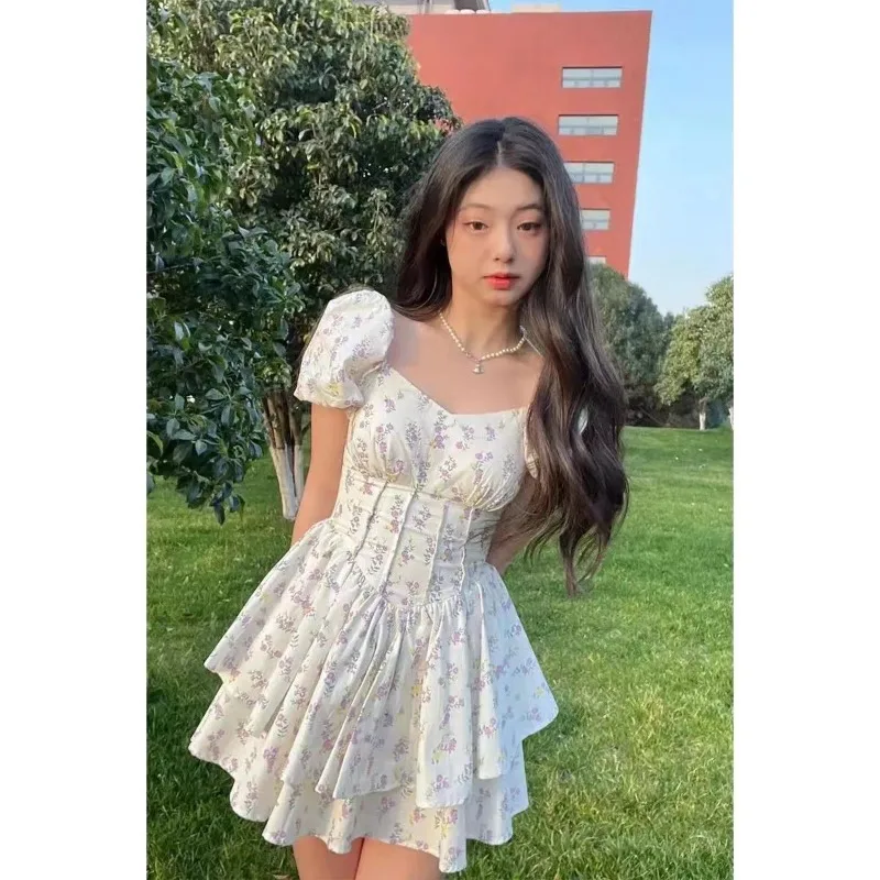 Preppy Style Dresses for Women Lovely Girls Fashion Floral Design Mini Sweet Chic Korean Young Summer Clothing All-match Casual