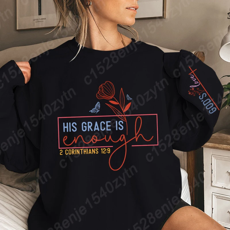 His Grace Is Enough Letter & Ross Print Sweatshirt, Crew Neck Casual Pullovers For Fall & Winter, Women's Oversized Sweatshirts