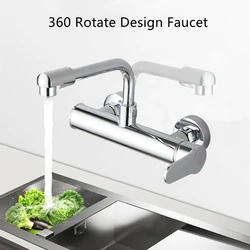 Kitchen Faucet Brass Dual Hole 360 Rotate Nozzle Tap Wall Mounted Bathroom Washbasin Tap Cold Hot Water Folding Crane Sink Mixer