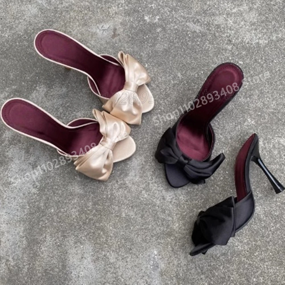 

Solid Silk Butterfly Knot Decor Slippers Open Toe Party Stiletto High Heel Fashion Elegant Women Shoes 2025 Summer Para Mujere