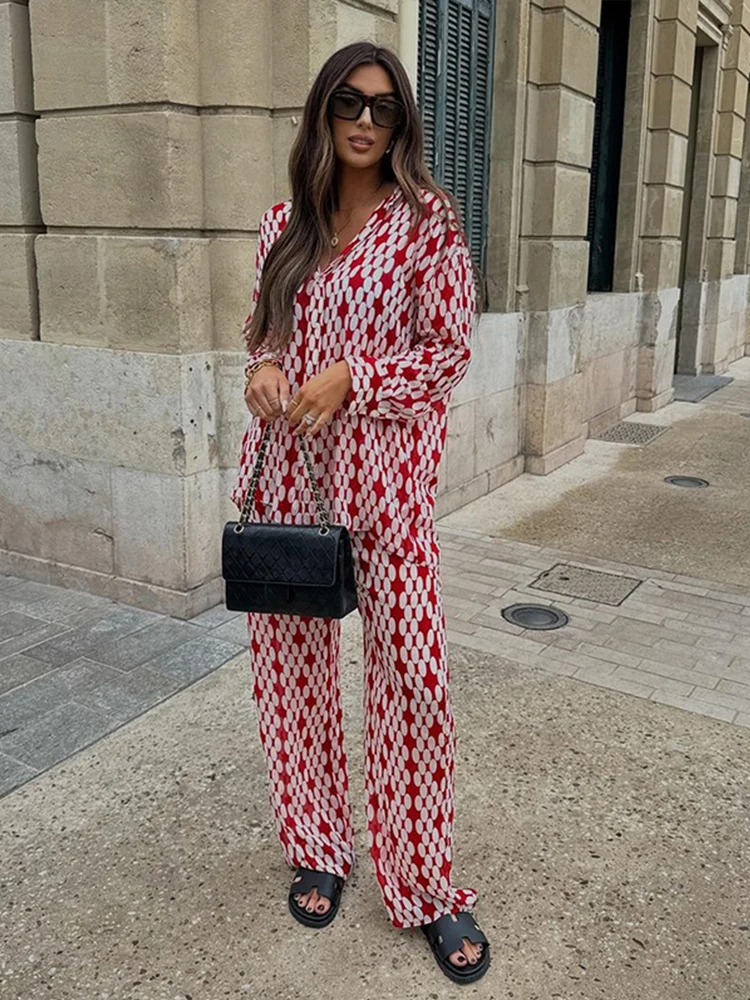 Casual Polka Dot Shirt Long Pant Sets Women Loose Red Single Breasted Full Sleeve Shirts Zipper Straight Pants Set Female Chic