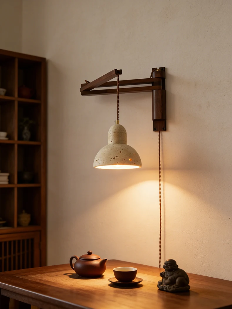 Natural Stone Wall Lamp Wooden Pole Can Rotate Light Reading