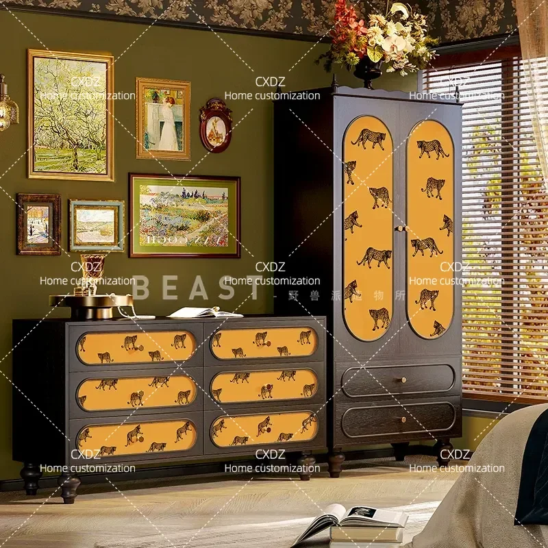 Medieval Style Golden Leopard Print Solid Wood Wardrobe 6 Drawer Storage Cabinet for Living Room Entryway Household Organizer