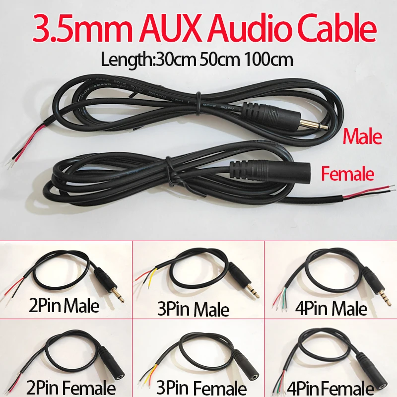 1PCS 3.5MM 2/3/4 Core 2pole 3pole 4pole Mono Stereo Male Female Audio Extension Cable Aux Connector Headset Line 30/50/100cm