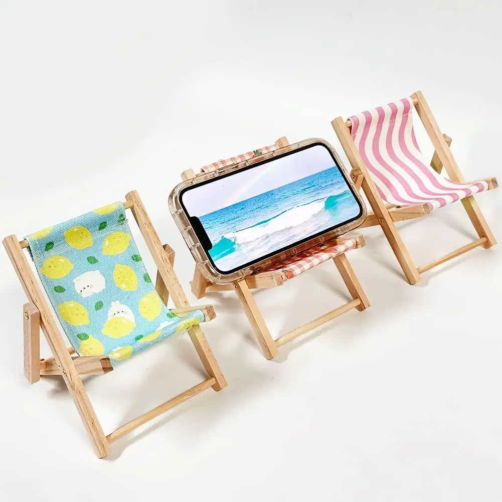 ® 3PCS Folding Beach Chair Mobile Phone Holder Canvas Wooden Phone Stand Funny Adjustable Phone Cradle Desktop Phone  Holder