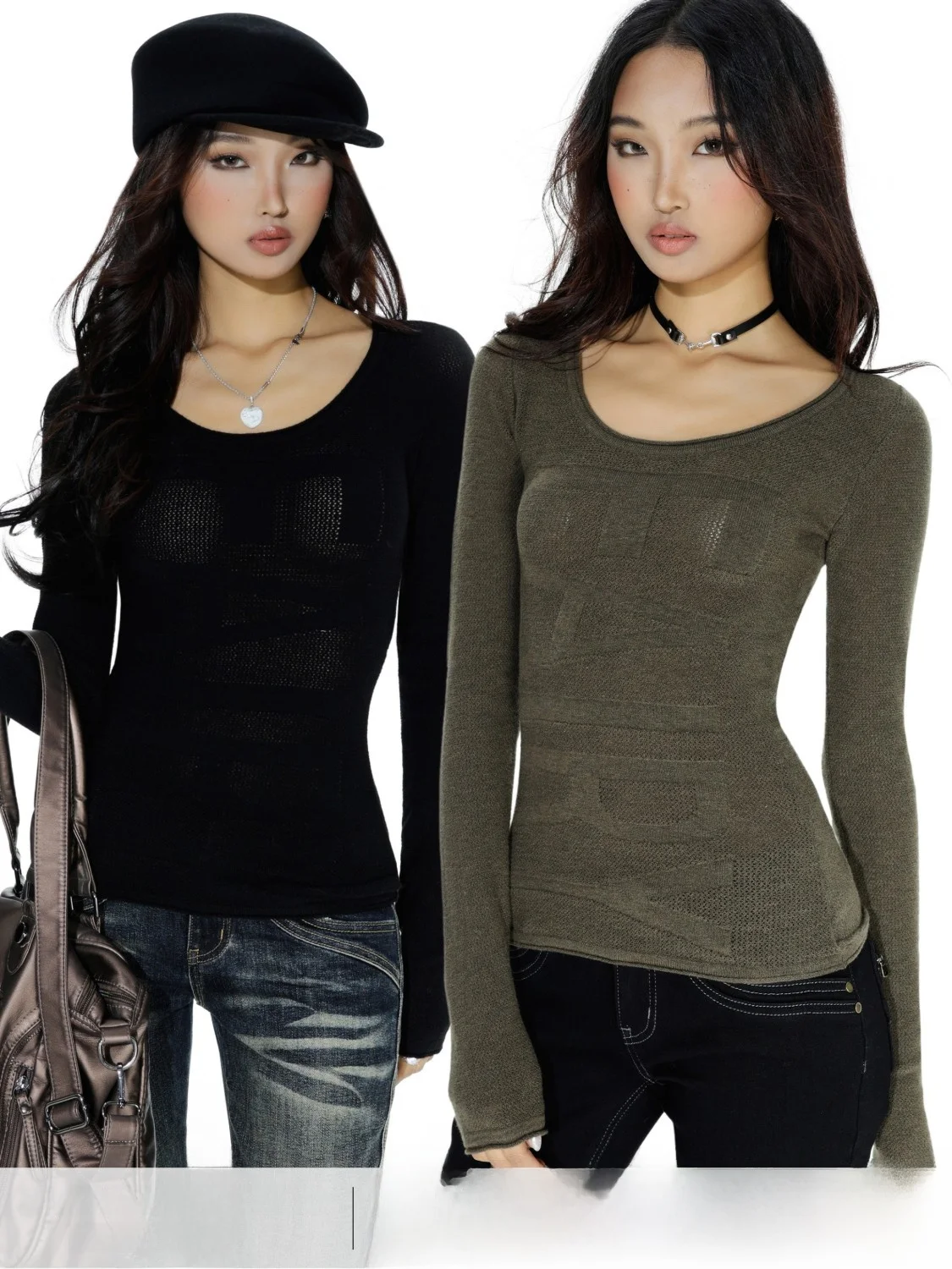 Audwyn Wool Knitted Hollow out Big round Neck Slim Fit Base Shirt Top Women's Street Style Long Sleeve Polyester Blend