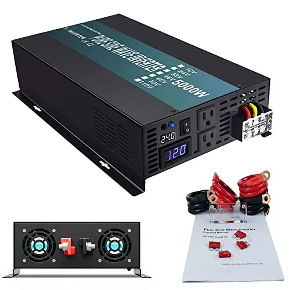 5000W 24V Pure Sine Wave Power Inverter RV Solar Backup Generator US Outlets Safety Protections Reliable Performance Intelligent