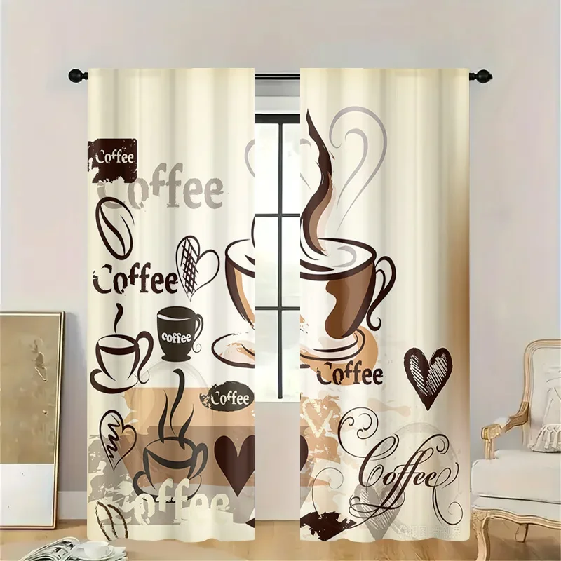 2pcs Set Vintage Coffee Print Curtains for Kitchen, Living Room, Bedroom – Retro Style Drapes for Café, Home & Hotel Decor