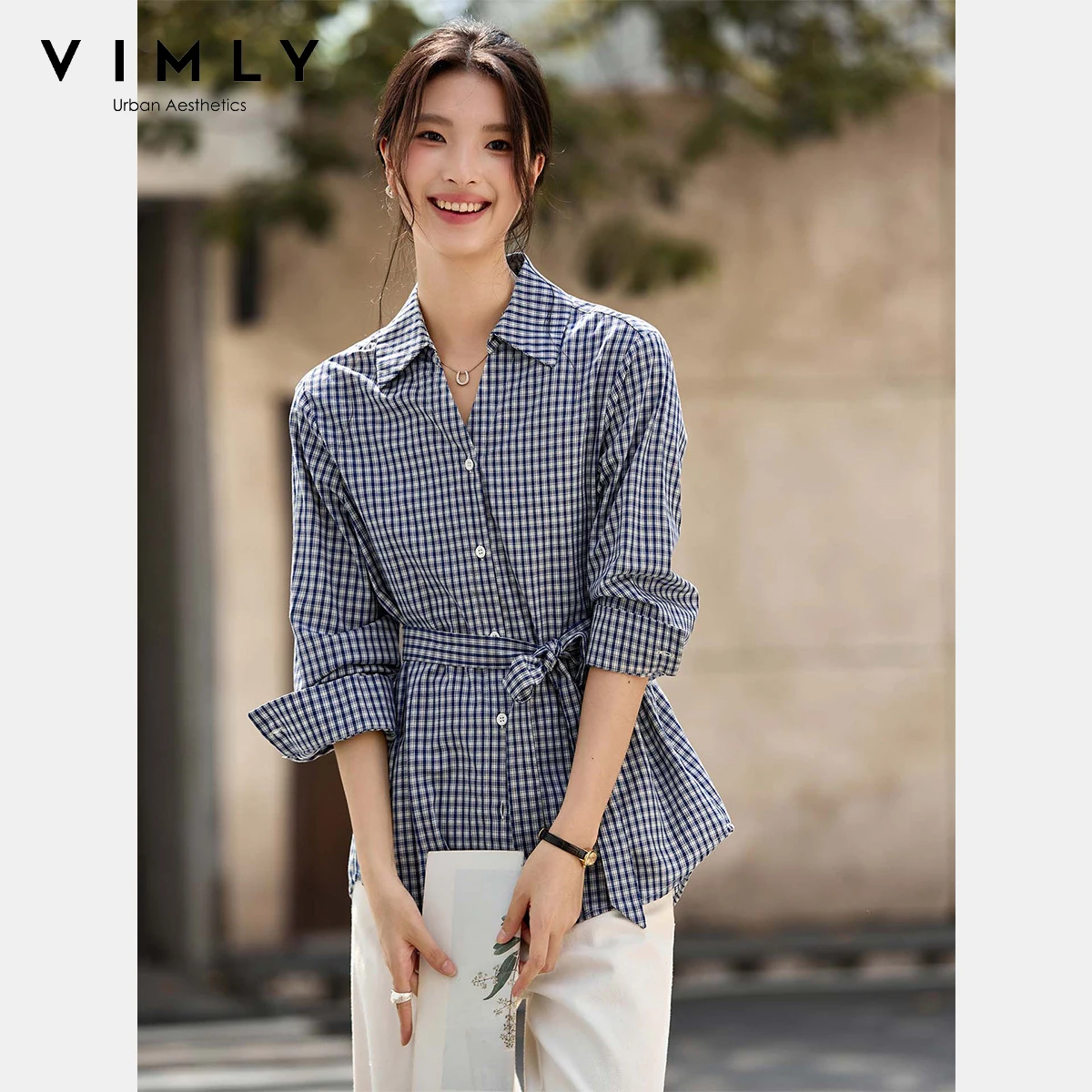 VIMLY Camicie a quadri casual da donna Autunno 2025 Camicia da donna con collo a polo in puro cotone Elegante top femminili a maniche lunghe con lacci A3067