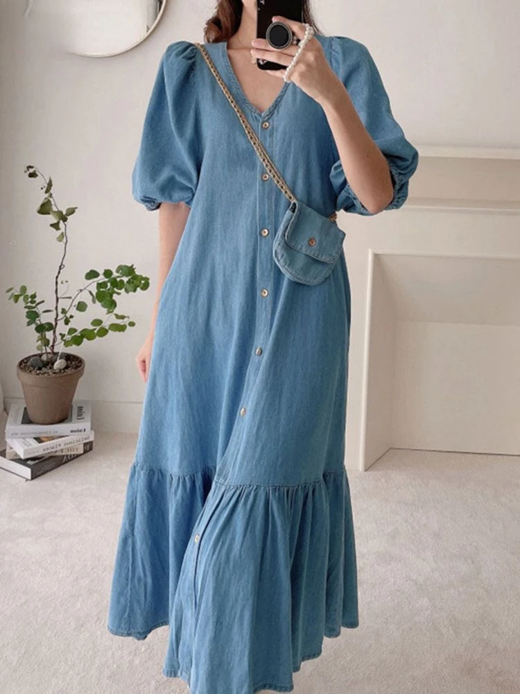 

Vintage Denim Blue Women Shirt Ruffle Dress Summer Fashion Short Sleeve Maxi Robe Casual V Neck A Line Sundress