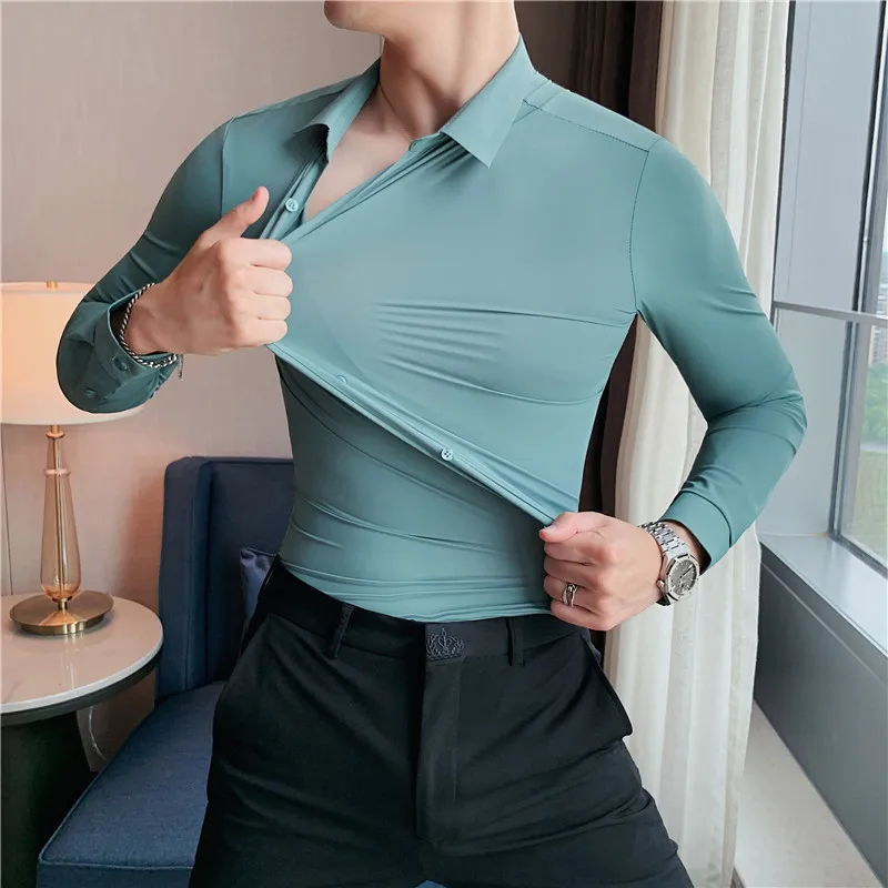 2022 New High Elasticity Seamless Shirts Men Long Sleeve Slim Fit Casual Luxury Shirt Social Formal Dress Blouse Plus Size 4XL-M