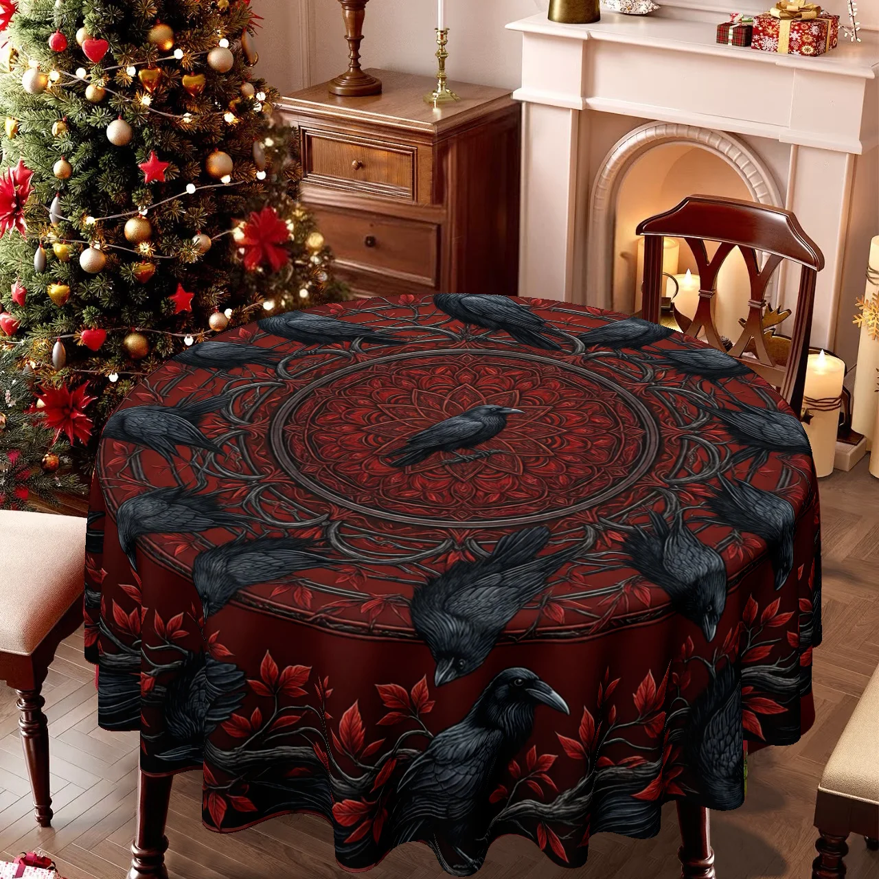 One tablecloth, with a Halloween-themed gothic style. The circular tablecloth features the pattern of crows and red leaves.zyc
