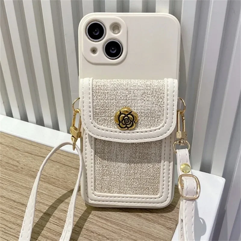 Luxe 3d Camellia Bloem Lederen Kaart Tas Crossbody Lanyard Zachte Hoes Voor Iphone 15 14 16 Pro Max 13 12 11 X Xs Xr 7 8 Cover