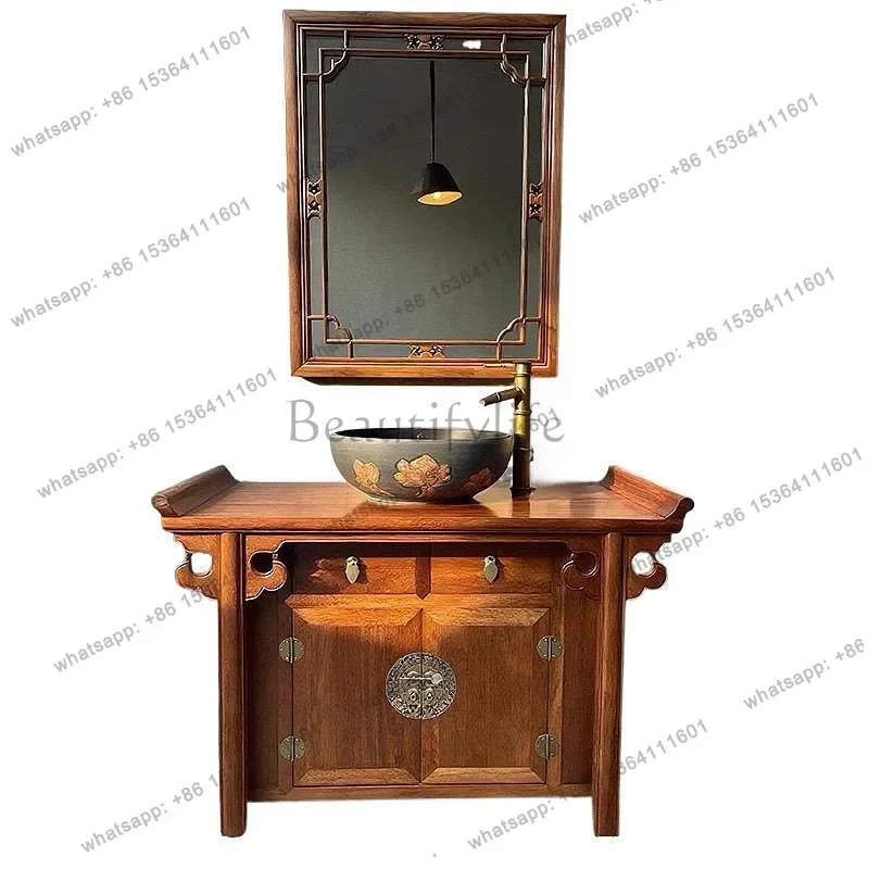 

Chinese full solid wood sanitary bathroom cabinet combination hand washing face washbasin bathroom bathroom cabinet retro