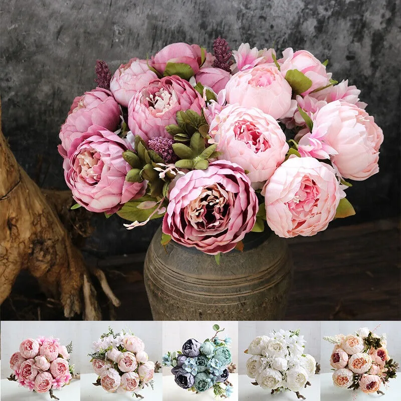 13 Heads Silk Peony Artificial Fake Flowers Wedding Bouquet Home Interior Ornaments Party Decorations