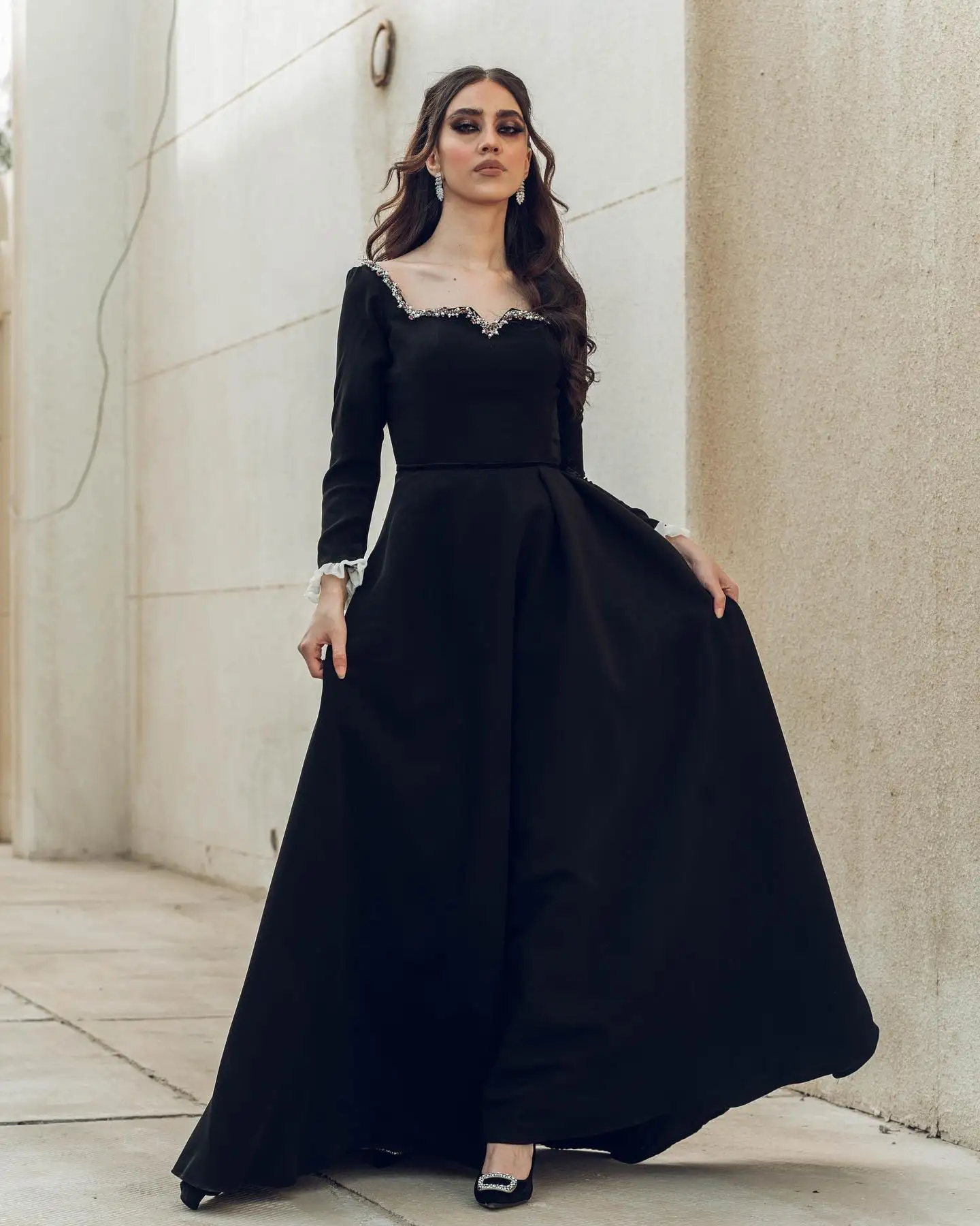 

Customized Exquisite Jersey A-Line Sequined Beading Ruffles Evening Dress Temperament Long SleevesFloor Length prom dresses