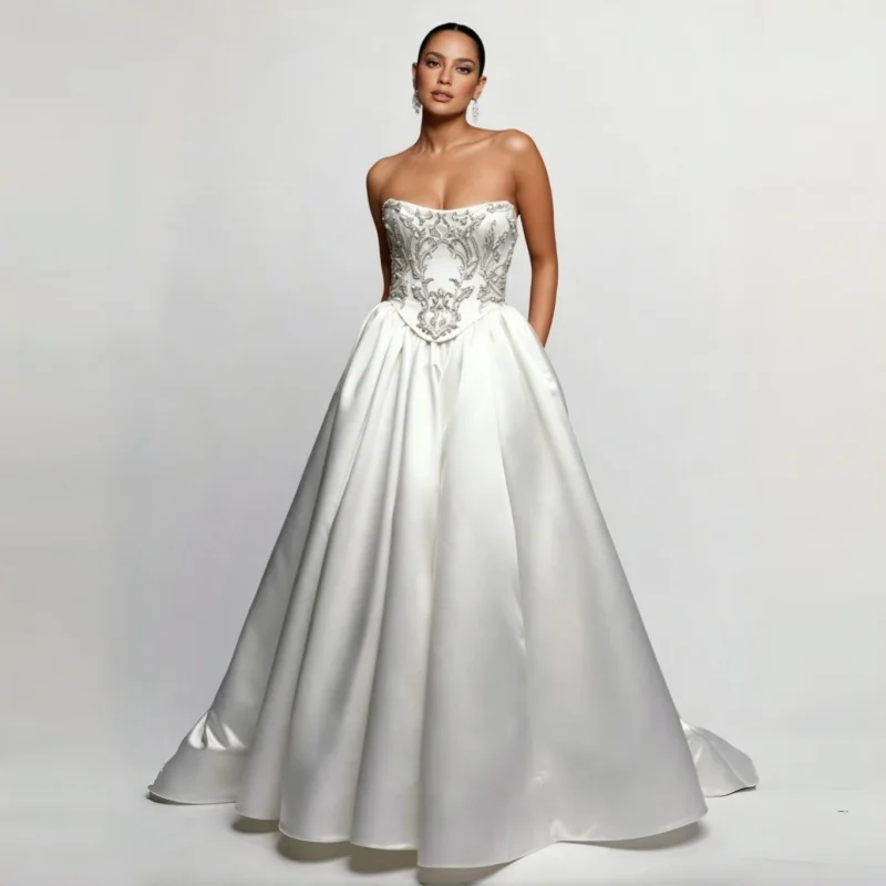 Strapless Satin Ball Gown Wedding Dress Full Hand Sewn Crystal Rhinestone Corset Pointed Basque Waist Low Bridal Gown Customizab