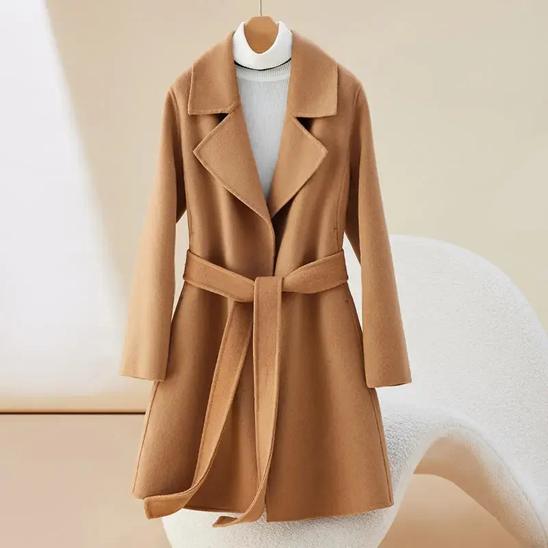 

Fimtairah mid-length double-sided 100% Wool Coat women's fashion high-end lace-up solid color woolen coat