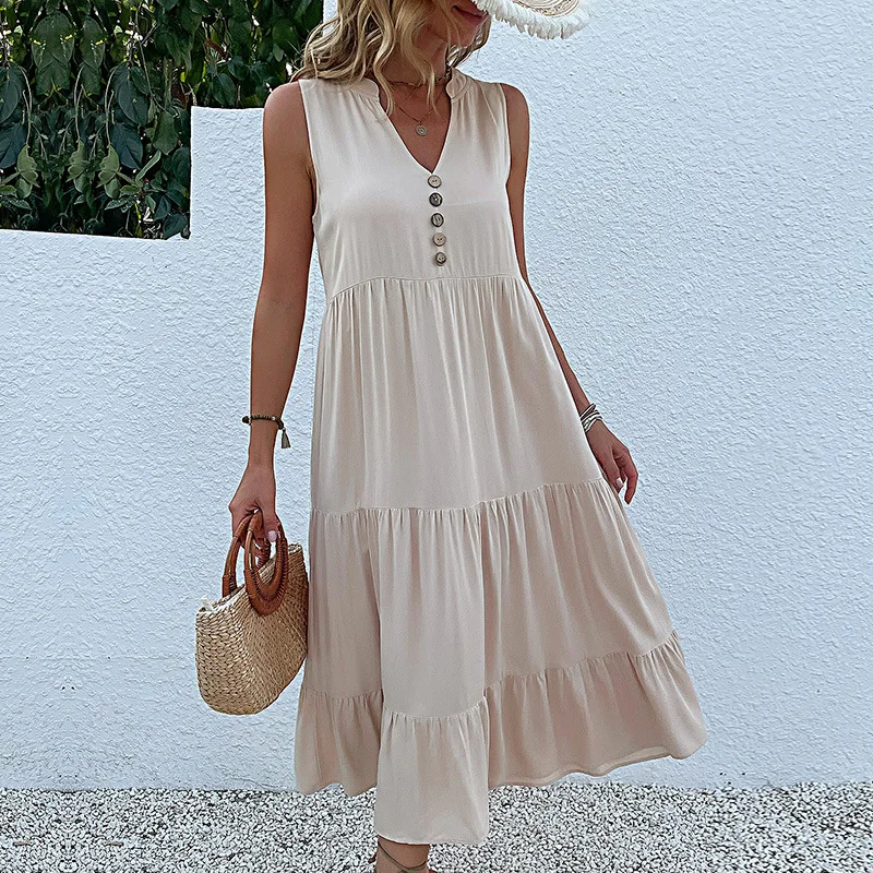 Casual Sommer frauen Lange Kleid Für Strand Ärmellose Tank V-ausschnitt Tasten Elegante Lose Maxi Kleider Soild Sommerkleid Weibliche