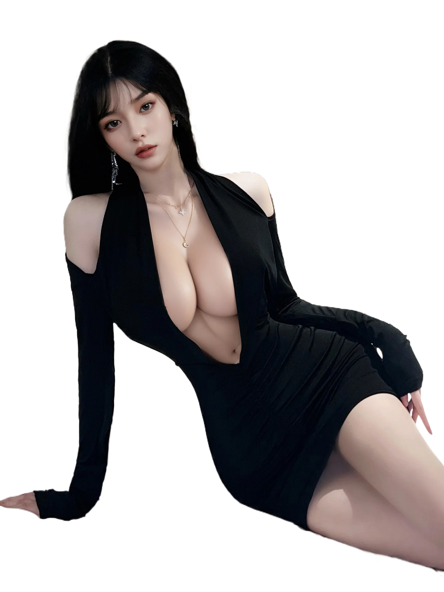 

Underwear Sexy Wrapped Dress Small Chest Dress Elegant Black Hanging Neck Style Deep V-neck Long Sleeved Slim Y2CW