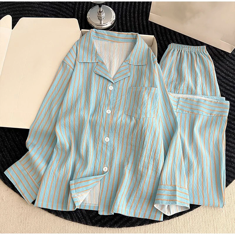 Autumn Striped 2Pcs Pajama Set Lapel Collar Long Sleeve Home Clothes Button‑Down Ladies Korean Loungewear Sleepwear Nightwear