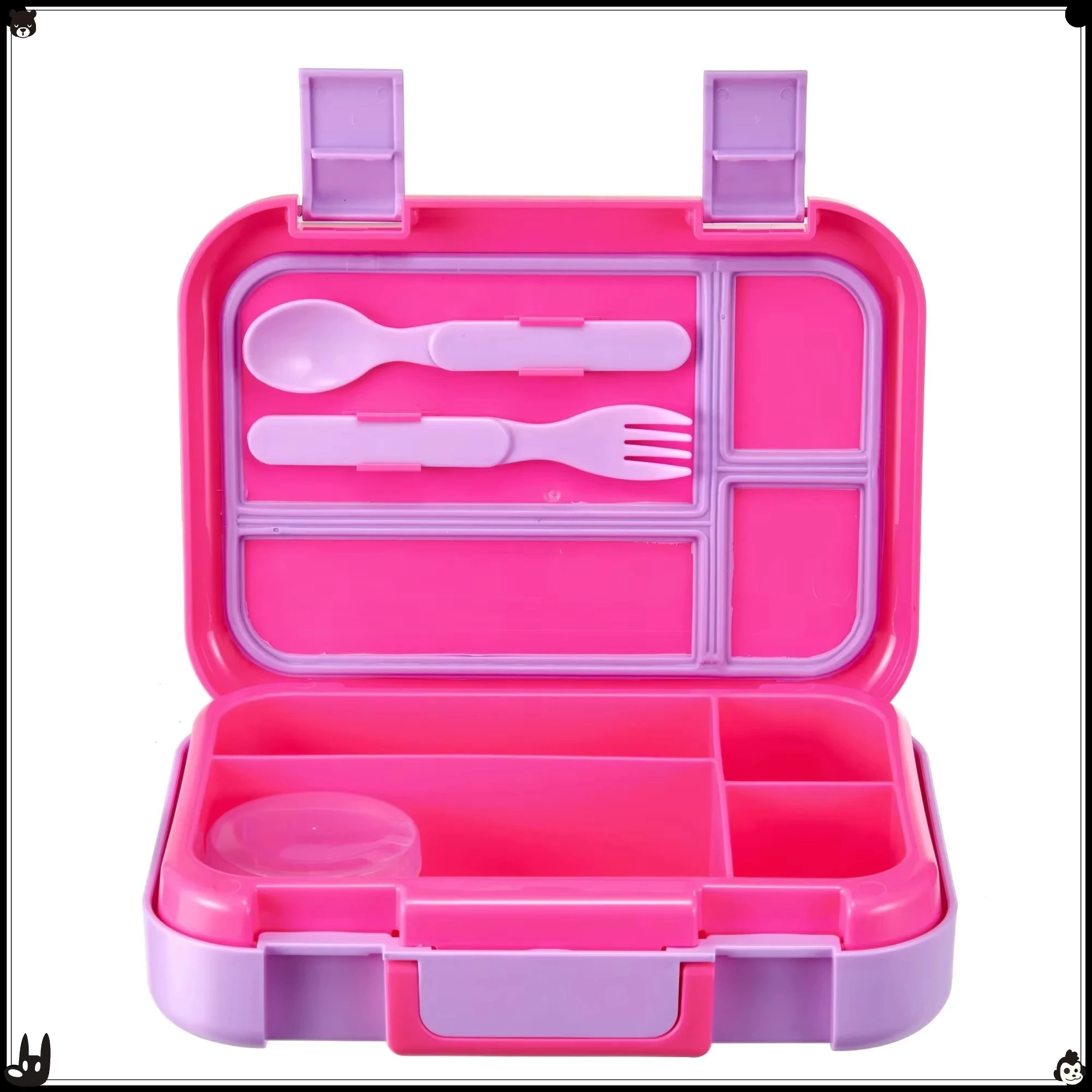 

4 упаковки пластиковой коробки для бенто розового цвета — 4 отделения с вилкой и ложкой — в комплект входит контейнер для заправки для обеда и входа
