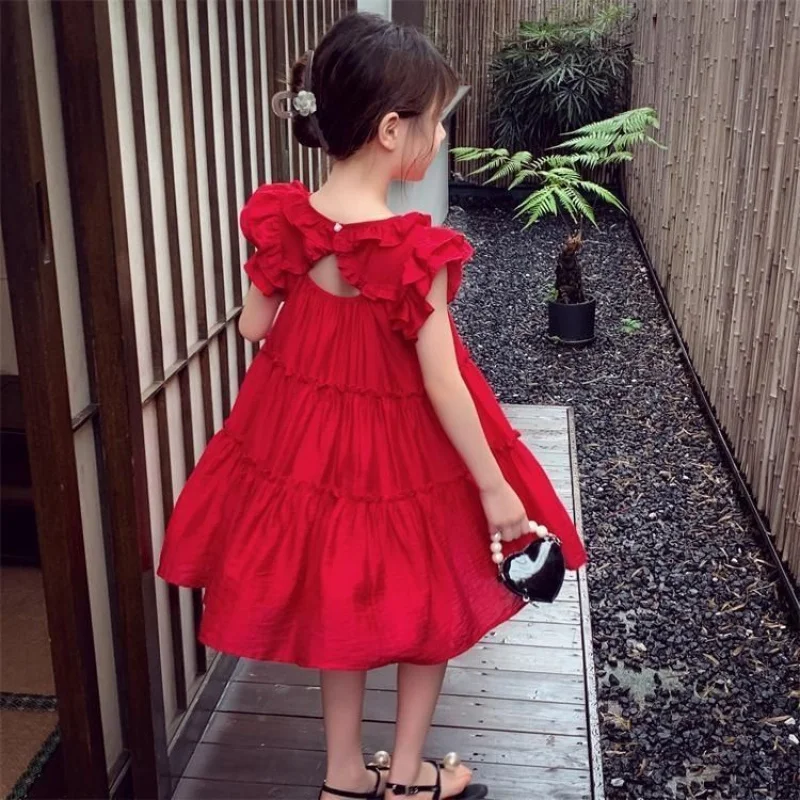 

Летнее платье для девочек 2026: Новое стильное детское платье принцессы с рюшами на рукавах, однотонное повседневное платье для маленьких девочек