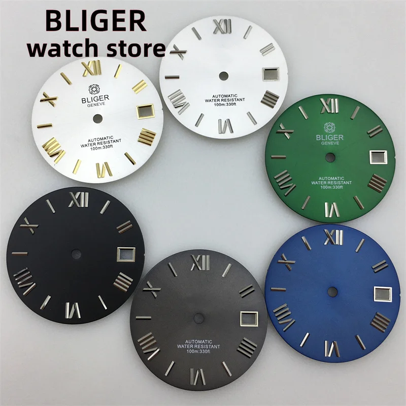 BLIGER/NO logo 29mm Sterile dial Black Gray Green Blue White Rome Number dial Suitable for NH35 NH36 movement