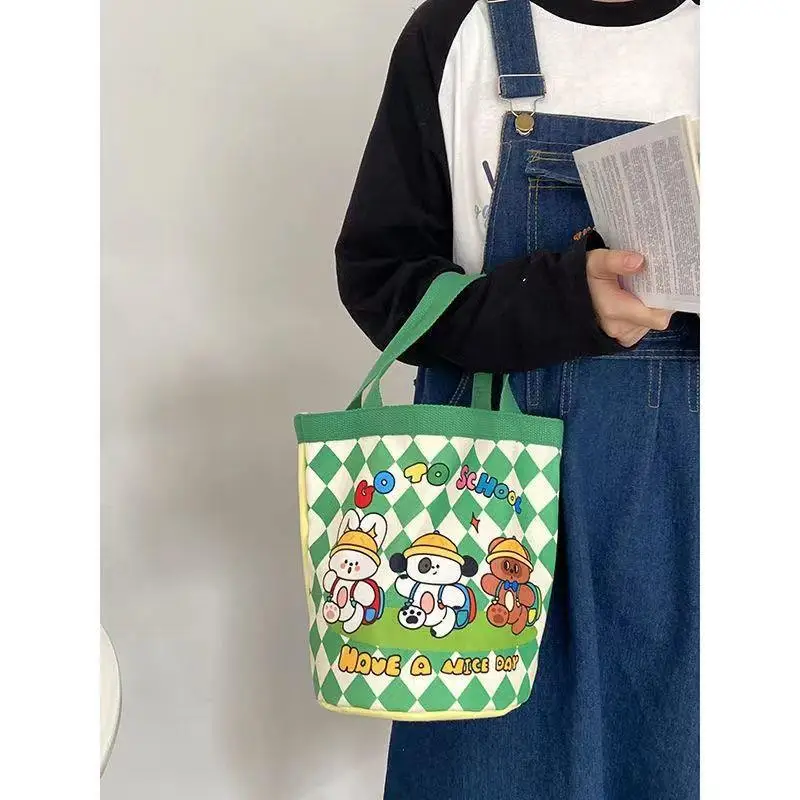 Carino illustrazione secchio portatile stile coreano ragazza cuore mamma pranzo borsa lavoro piccola borsa per bambini divertente borsa di tela graffiti