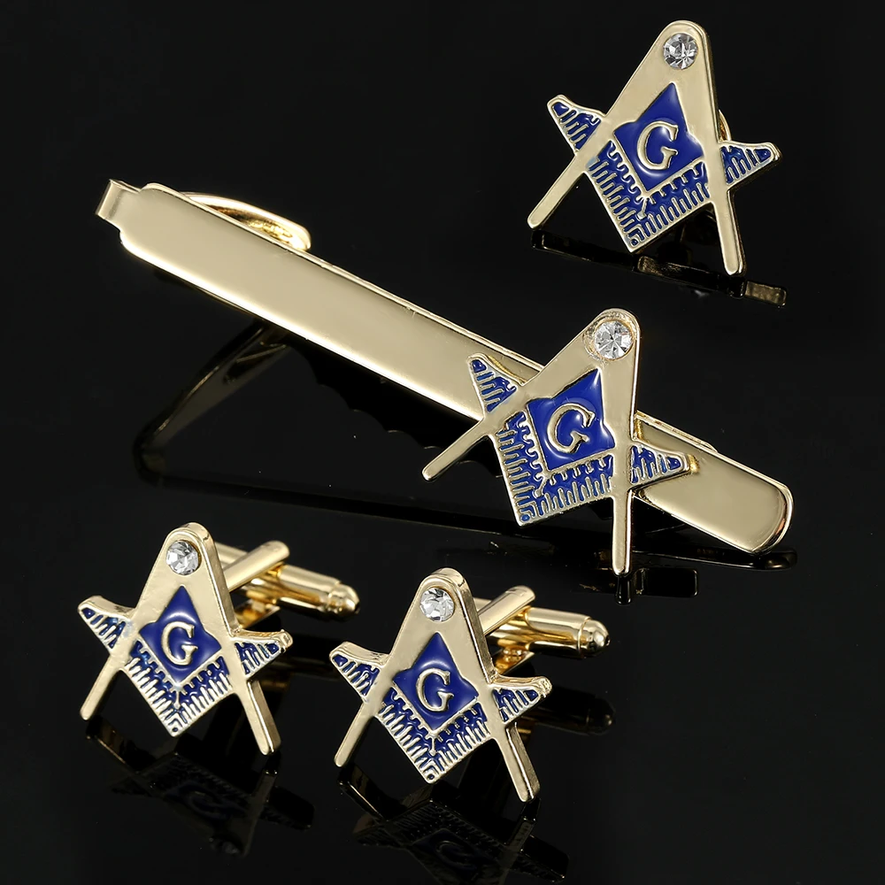 Golden Masonic Device Enamel Crystal Jewelry Set Classic Freemason Emblem Cufflinks Tie Clip Pins Set