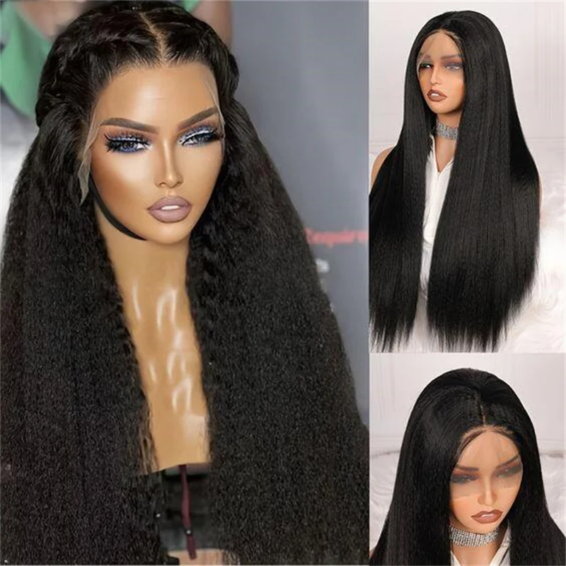 Soft Natural Black Long 26“ Yaki Kinky Straight Lace Front Wig For Women With Baby Hair Synthetic Preplucked Glueless Daily wear