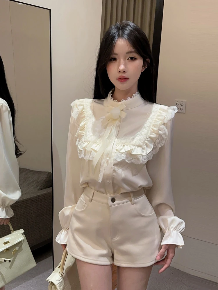 

Elegant Lace Trim Stand Collar Long Sleeve Shirt Unique Splicing Slimming Top for Women Versatile Fashionable Special Design